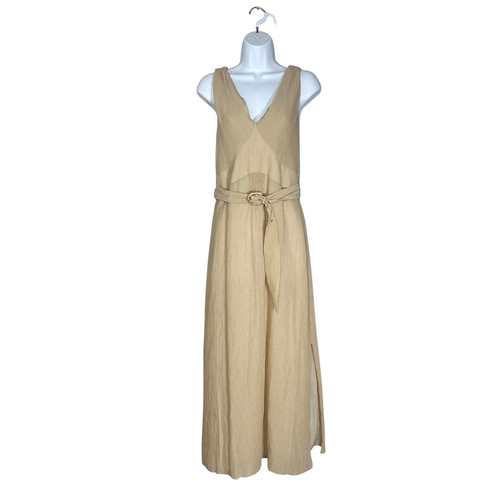 Nanushka Lily Sand Pleat Voile Belted Sleeveless Maxi Dress Beige Medium NWT - Picture 2 of 15